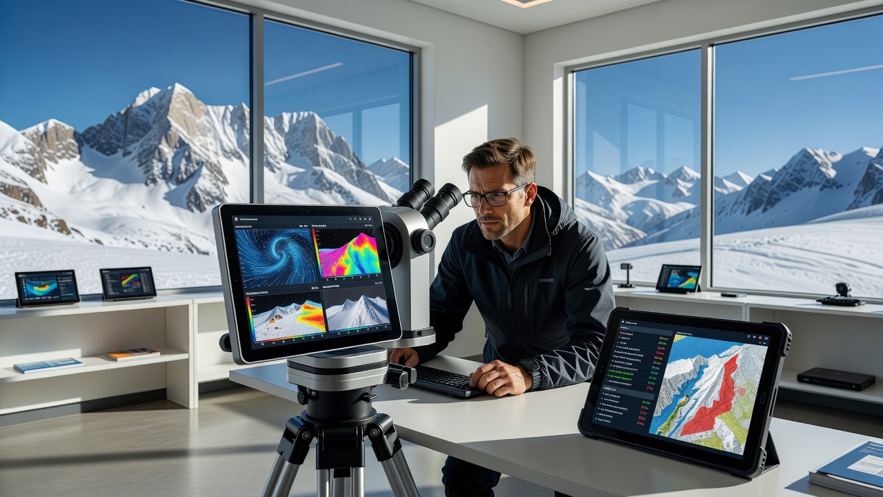 Field technician using specialized viewing equipment to analyze real-time weather data layers during avalanche forecasting operations