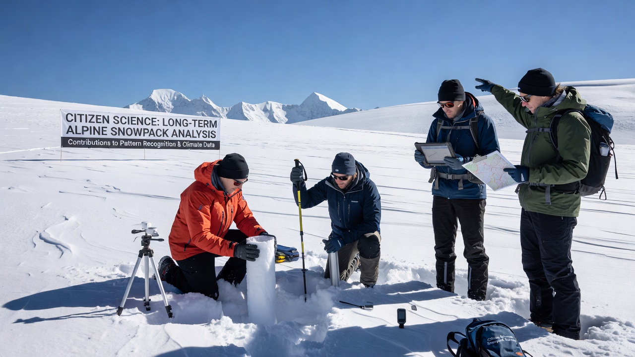 Detailed view of snow layers exposed in a pit with measurement tools and citizen science participants recording data