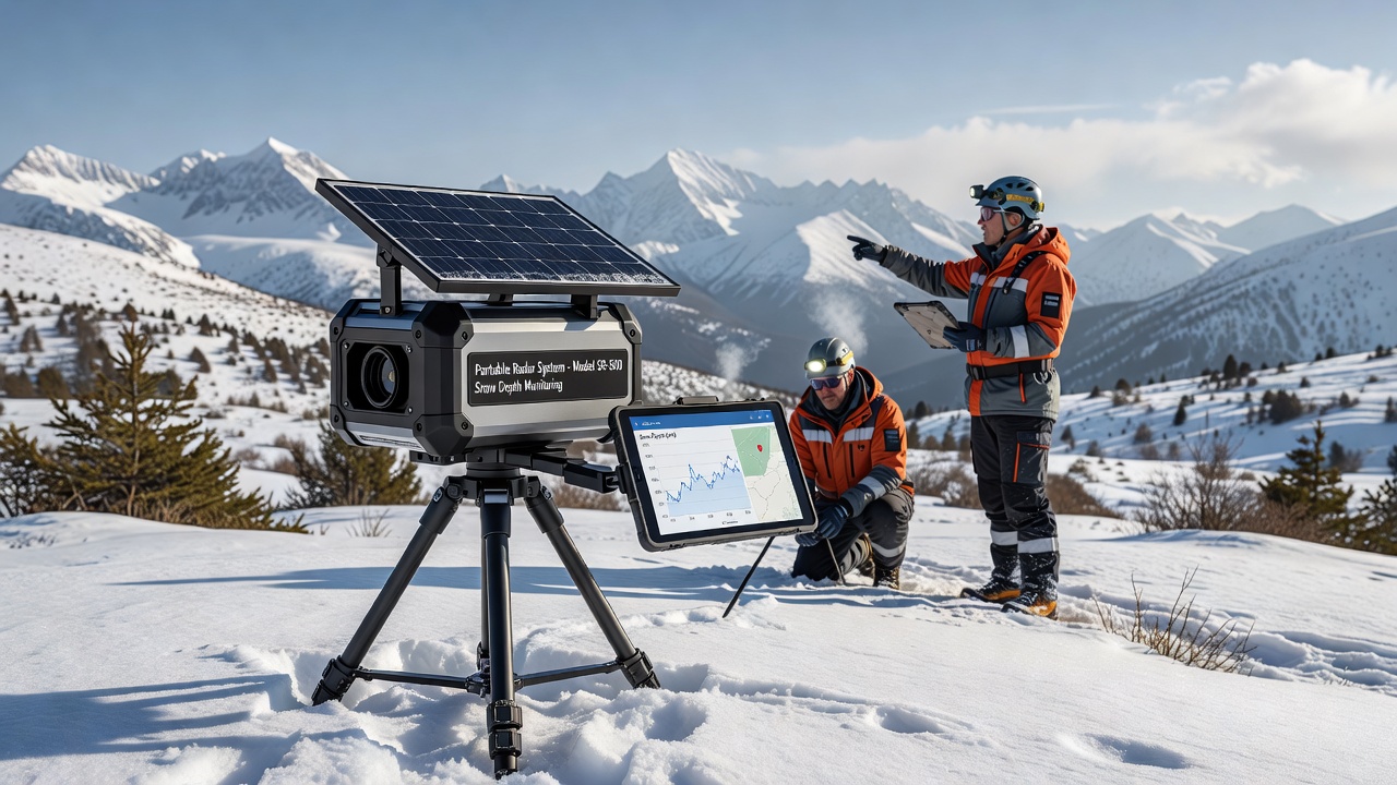 Researcher carrying portable radar equipment across a snow-covered highland slope